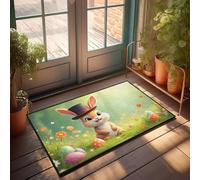 PKRD Tapete de bienvenida de primavera al aire libre, un bonito conejo con sombrero de copa se sienta en un campo de coloridos huevos de Pascua y flores. Felpudo para decoración del hogar para hombres
