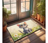 PKRD Tapete de bienvenida de primavera al aire libre, un lindo gato con flores en el pelo se sienta entre margaritas. Felpudo para decoración del hogar para hombres, divertida decoración del hogar (65