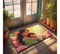 PKRD Tapete interior para puerta delantera, una mujer sostiene a su hijo durmiendo en medio de un telón de fondo de rosas rosas. Felpudo de otoño, decoración vintage de cocina y accesorios (65 x 90 cm