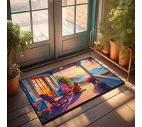 PKRD Tapete para zapatos junto a la puerta, un acogedor porche con flores, sillas y un perro con vistas a una hermosa puesta de sol junto al mar. Felpudo de primavera para exteriores, decoración de