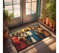 PKRD Tapete para zapatos por puerta, un grupo de hombres llevando una cruz, con un hombre en túnicas azules guiándolos. Felpudo de primavera para exteriores, decoración de barra Tiki (65 x 90 cm)