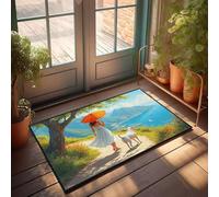 PKRD Tapete pequeño de bienvenida con texto en inglés "A Woman In A White Dress Walks Her Dog Along A Path By The Sea", para sala de juegos, decoración de muebles para dormitorio (40 x 60 cm)
