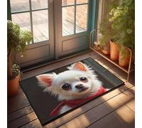 PKRD Thankful - Tapete de cocina con diseño de perro blanco esponjoso con orejas grandes con un pañuelo rojo. Felpudo para exteriores, decoración de otoño, alfombra grande para exteriores (65 x 90 cm)