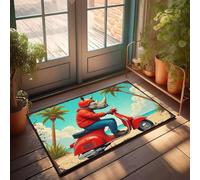 PKRD Things For Boys Room Rhinoceros Riding A Red Scooter On A Tropical Beach - Felpudo al aire libre para entrada exterior, bar cueva (50 x 80 cm)