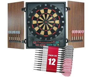 PL Ociotrends Diana Electrónica Eros | Diana con Puertas de Madera y Pantalla LED | 27 Juegos y 202 Variaciones | Multijugador hasta 8 Jugadores | Incluye 12 Dardos y Adaptador