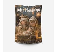 Pla Pla Pla Colgadura Navideña Religiosa “Feliz Navidad” - Niño Jesús en el Pesebre con María y José - Estilo Cálido y Espiritual - 100×70 cm - Decoración Cristiana para el Hogar (11)