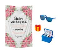 Pla Pla Pla Manta “Madre Solo Hay Una” - Diseño Floral Elegante y Mensaje Emotivo │ Suave y Cálida para Sofá o Cama │ Incluye Nevera Portátil y Gafas de Sol