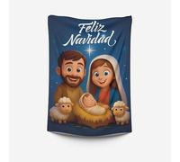Pla Pla Pla Manta Navideña “Feliz Navidad” - Diseño del Nacimiento del Niño Jesús con María, José y Ovejas - Estilo Ilustrado Familiar y Religioso - Decoración Cristiana 100×70 cm Hogar (45)