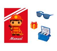Pla Pla Pla Manta Personalizada de Bombero/a con Muñeco - Nombre, Género y Color de Pelo a Elegir | Un Regalo Que Rinde Homenaje al Valor y la Entrega - con Nevera Y Gafas DE Sol DE Regalo