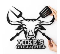 Placa BBQ personalizada de metal con nombre, decoración de pared para barbacoa, Grill & Chill con cabeza de toro para cocina exterior