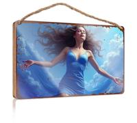Placa colgante con texto en inglés "Blue Sky Dreams: A Woman In A Flowing Dress Soaring Through The C", letrero vintage para decoración de habitación, accesorios de escritorio para hombres (20 x 30 cm