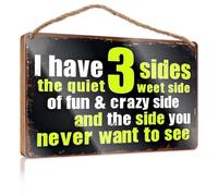 Placa colgante con texto en inglés "I Have 3 Sides: Quiet, Fun & Crazy, Hidden Wooded Sign Funny Bathroom Signs The Room Decorations" (23 x 35 cm)