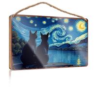 Placa colgante con texto en inglés "Two Cats Admiring The Starry Night Sky Over A Lake Wooded", decoración vintage para habitación, accesorios de escritorio para hombres (23 x 35 cm)