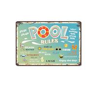 Placa colgante de aluminio con texto en inglés "Pool Rules What Happens Here Stays Here Soak Up The Sun Swim Sip Lemonade Laugh Funny Tin Sign What Happens Here Stays Here"