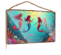 Placa colgante de madera con diseño de cuatro sirenas nadando entre corales coloridos y peces, letrero de Navidad para decoración del hogar, regalos para maridos (20 x 30 cm)
