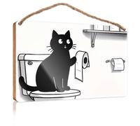 Placa colgante para puerta con texto en inglés "A Cat Is Sitting On A Toilet Holding A Roll Of Toilet Paper". Decoración divertida para el baño (20 x 30 cm)