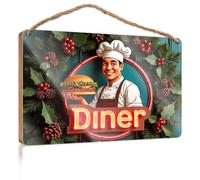 Placa colgante para puerta con texto en inglés "A Cheerful Chef holds A Giant Burger In Front Of A Festive Camper" Decoración divertida para el baño (23 x 35 cm)