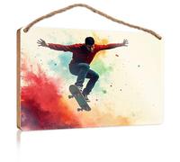 Placa colgante para puerta con texto en inglés "A Skateboarder Realiza un truco aéreo contra un colorido letrero de madera para decoración de habitación para hombres, decoración de mesa de granja (20