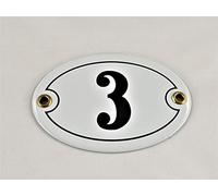 Placa con número 3, ovalada, color blanco y negro, hecha a mano