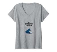 Placa con Texto en inglés No Lifeguard On Duty Shark Warning Beach Camiseta Cuello V, Mujer, Gris Jaspeado, M