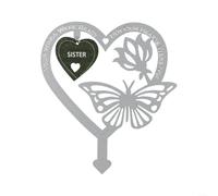 Placa conmemorativa en forma de corazón para jardín o tumba con flores de mariposa, material de zinc resistente a la intemperie, durabilidad para recuerdo familiar al aire libre (hermana)