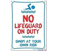 Placa de advertencia de calle de metal de hojalata para habitación, piscina, no salvavidas en servicio Swim At Your Own Risk, rojo, azul sobre blanco, póster de pared de aluminio para arte de pared, 8