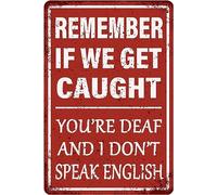 Placa de aluminio con texto en inglés "Remember If We Get Caught You're Deaf And I Don't Speak English", divertida placa de aluminio para garaje, hombre, cueva, bar, pub, dormitorio, hogar, decoración