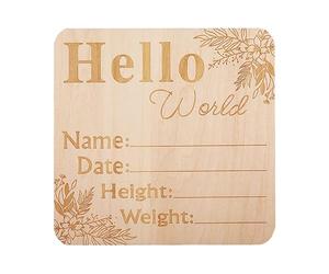Placa de anuncios para recién nacidos con texto en inglés «Hola World»