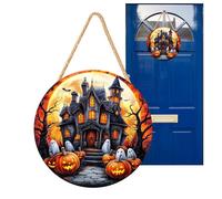 Placa de bienvenida de Halloween - Signo de puerta de madera 2D | Ghost Pumpkin Haunted Pirate Decor | Decoración de la casa de Halloween para Porch Entry Wall Room Fireplace Kitchen Party Window Yard