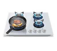 Placa de cocción con 4 fuegos de gas, TopStrong de cristal empotrable de 60 cm, hornillo de gas natural/propano, cristal blanco, protección Flame-Out, parrillas esmaltadas, 8060 W