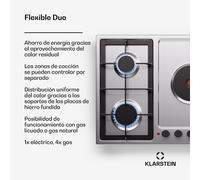 Klarstein MultiChef 5 Placa De Gas Y Eléctrica - 5 Quemadores (4 Gas, 1 Eléctricos), 10.00W, Acero Inoxidable, Encendido Automático, Seguridad Anti-Llama, Compatible Glp & Gas Natural, 87X8X50Cm
