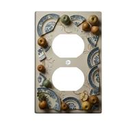 Placa de cocina dúplex para toma de corriente, placa de pared, rústica, vintage, frutas, pera, otoño, azul, plástico, tamaño estándar, cubierta de toma de corriente doble para dormitorio, baño