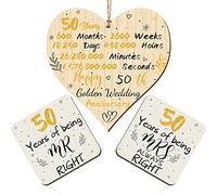 Placa de Corazón Colgante de Madera de Happy 50th Golden Wedding Anniversary y Par de Posavasos de Mr Right y Mrs Always Right Posavasos Cuadrado para Regalo de Amigo Fiesta