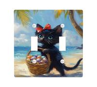 Placa de cubierta de interruptor de luz de gato de verano, gatito negro con cesta de conchas, decoración de playa tropical, placas de pared termoplásticas, tamaño estándar doble palanca
