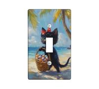 Placa de cubierta de interruptor de luz de gato de verano, gatito negro con cesta de conchas, decoración de playa tropical, placas de pared termoplásticas, tamaño estándar, palanca individual