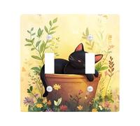 Placa de cubierta de interruptor de luz de gato floral de primavera, gato en maceta para decoración del hogar, placas de pared termoplásticas, tamaño estándar, doble palanca