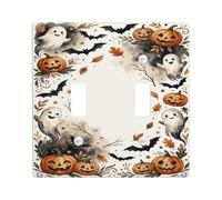 Placa de cubierta de interruptor de luz doble con diseño de fantasma y | Ilustración de acuarela, Jack-o'-lanterns, murciélagos voladores, hojas de otoño, decoración del hogar de temporada