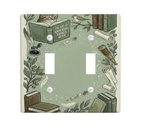 Placa de cubierta de interruptor de luz doble con diseño de gato, diseño literario de libros vintage, plumas de plástico verde, tamaño estándar, placas de pared decorativas para sala de estar