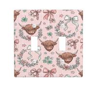 Placa de cubierta de interruptor de luz doble con diseño de vaca de las tierras altas, diseño rústico de corona floral con lazo de primavera, melocotón, plástico, tamaño estándar, placa decorativa