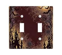 Placa de cubierta de interruptor de luz doble con temática de castillo | Castillo gótico, murciélagos voladores, luna llena, vides rosas, estilo vintage