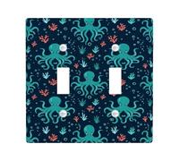 Placa de cubierta de interruptor de luz doble, diseño de pulpo, burbujas de coral náuticas, color verde azulado, tamaño estándar, placa decorativa para sala de estar, dormitorio, decoración de oficina