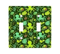 Placa de cubierta de interruptor de luz doble, diseño de pulpo, hojas juguetonas náuticas, algas marinas, plástico verde verano, tamaño estándar, placas de pared decorativas para el hogar, sala de