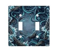 Placa de cubierta de interruptor de luz doble, diseño de pulpo, olas de fantasía oceánica, rocas, ninguno de plástico azul, tamaño estándar, placas de interruptor de pared, acentos para nuevo