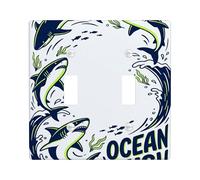 Placa de cubierta de interruptor de luz doble, diseño de tiburón, olas de aventura oceánica, algas marinas, verano, azul marino, tamaño estándar, placas de pared decorativas para nuevo apartamento