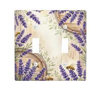 Placa de cubierta de interruptor de luz doble lavanda, barril de madera de abeja natural rústica de plástico violeta de verano placa de interruptor de tamaño estándar decorativa para el hogar, sala de