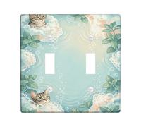Placa de cubierta de interruptor de luz doble para baño de gato, diseño de hoja de burbuja juguetona de verano de plástico azul tamaño estándar, placas de pared decorativas para el hogar, sala de