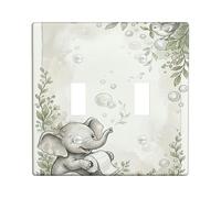Placa de cubierta de interruptor de luz doble para baño, diseño de elefante, hojas de pájaro inspiradas en la naturaleza, plástica verde primavera, tamaño estándar, placa decorativa para dormitorio