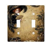 Placa de cubierta de interruptor de luz doble para dama, diseño vintage de plumas elegantes, jaula de pájaros, ninguno de plástico dorado, tamaño estándar, placa decorativa para el hogar, sala de