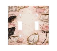 Placa de cubierta de interruptor de luz doble para pastel, estilo vintage, romántico, café, rosa, primavera, melocotón, plástico, tamaño estándar, para decoración de dormitorio, baño, cocina, entrada