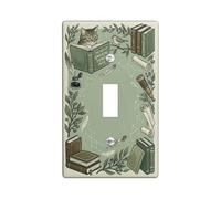Placa de cubierta de interruptor de luz individual con diseño de gato, libros vintage literarios, plumas, plástico verde, tamaño estándar, placa decorativa para sala de estar, dormitorio, decoración